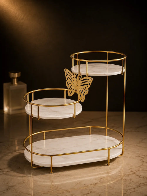 Butterfly 3-tier vanity organizer in Pearl, gold frame with marble-effect trays