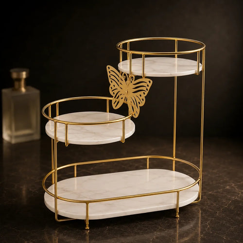 Butterfly 3-tier vanity organizer with a gold butterfly detail and marble-effect trays