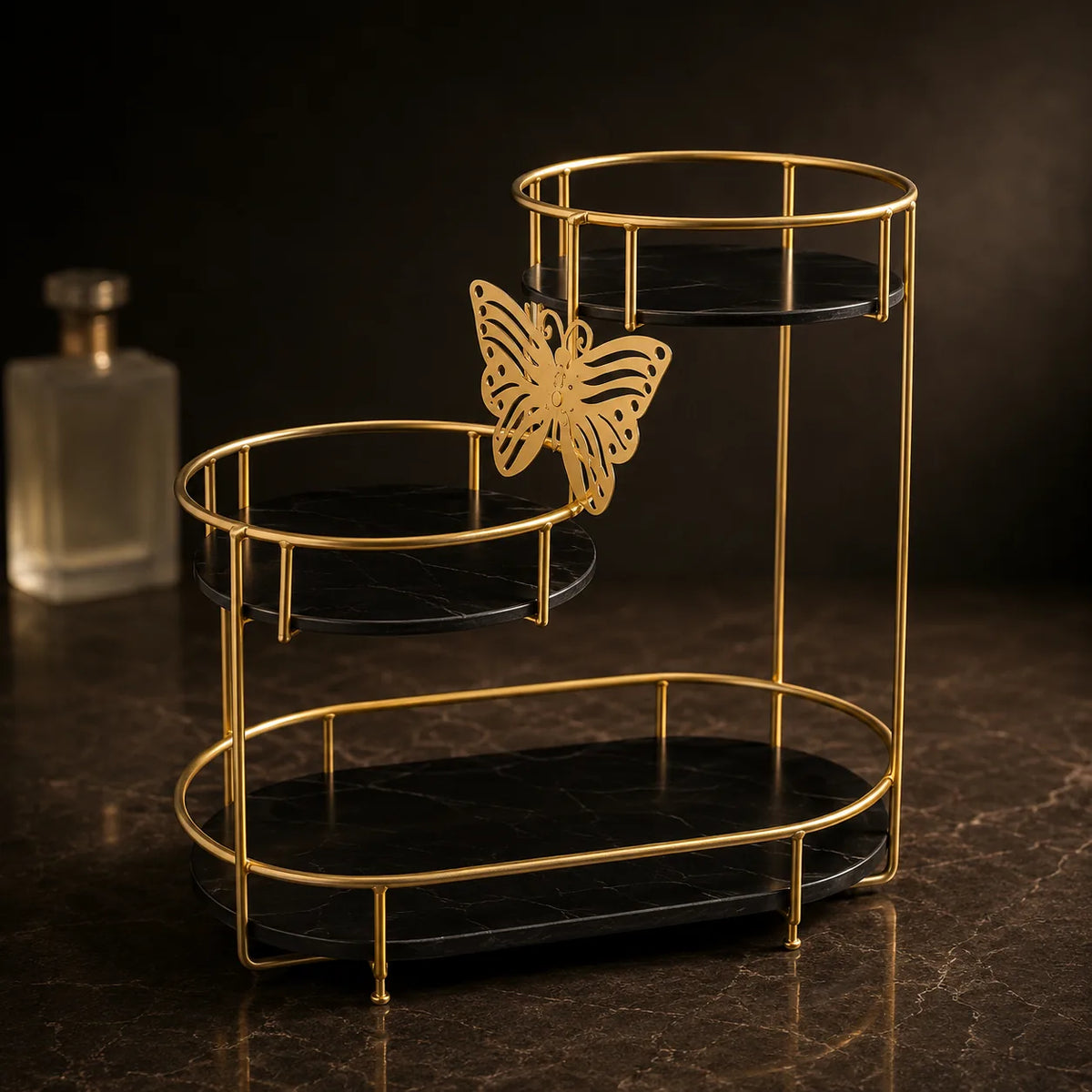 Butterfly 3-tier vanity organizer in Onyx with black marble-effect trays