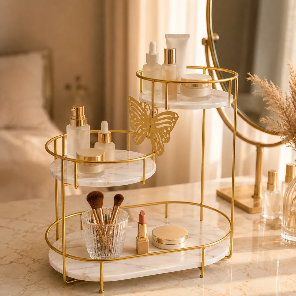 Butterfly organizer in Pearl styled on a dressing table with perfume and brushes