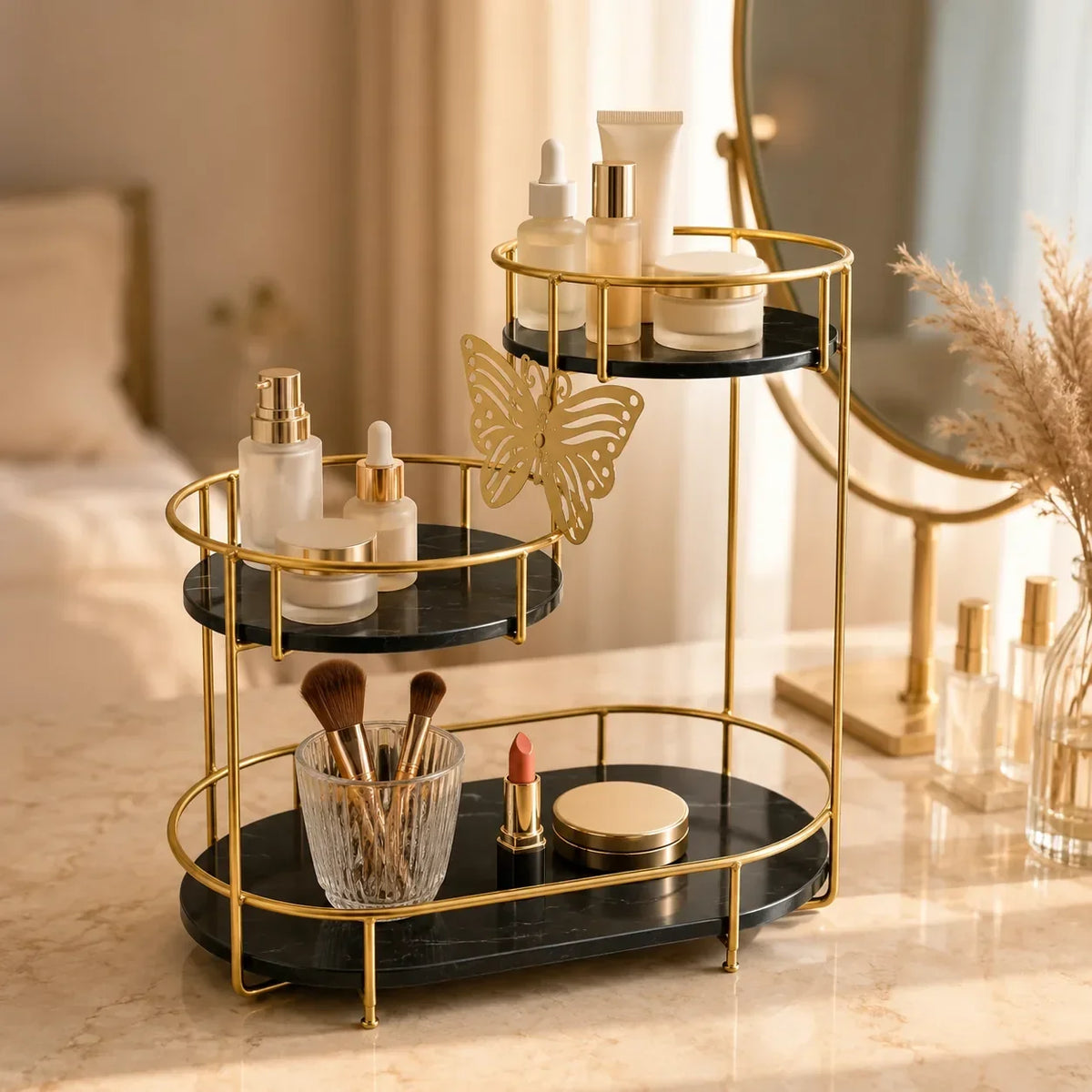 Butterfly organizer in Onyx styled on a dressing table