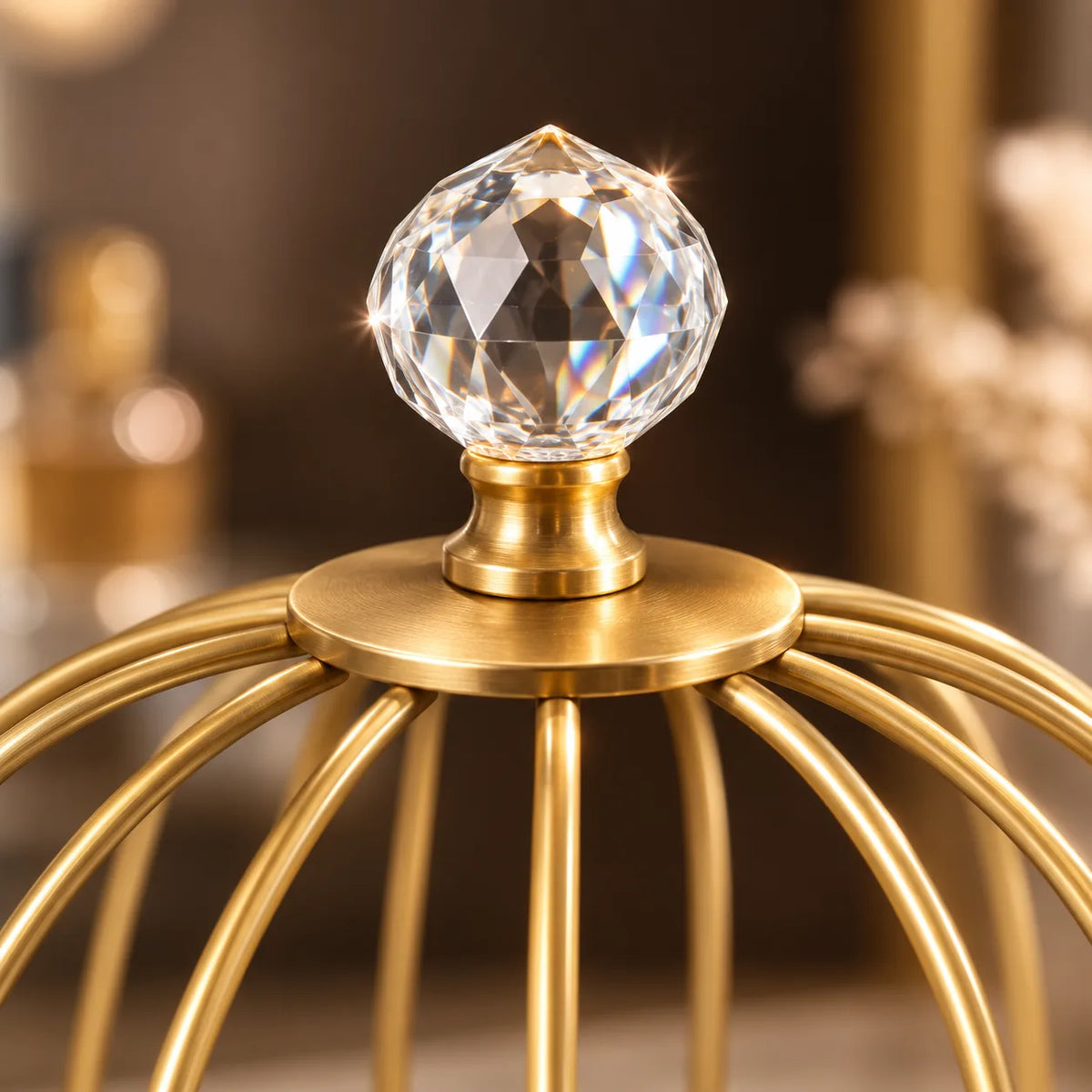 Close-up of the faceted crystal finial on the cage organizer