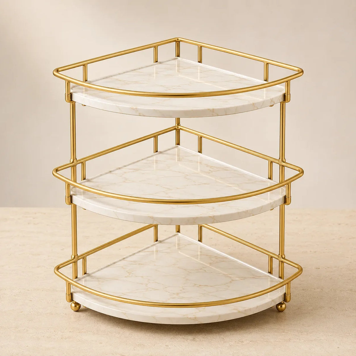 Corner 3-tier organizer in Pearl with gold-finish frame
