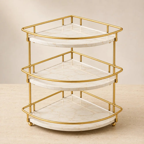 Corner 3-tier organizer in Pearl with gold-finish frame