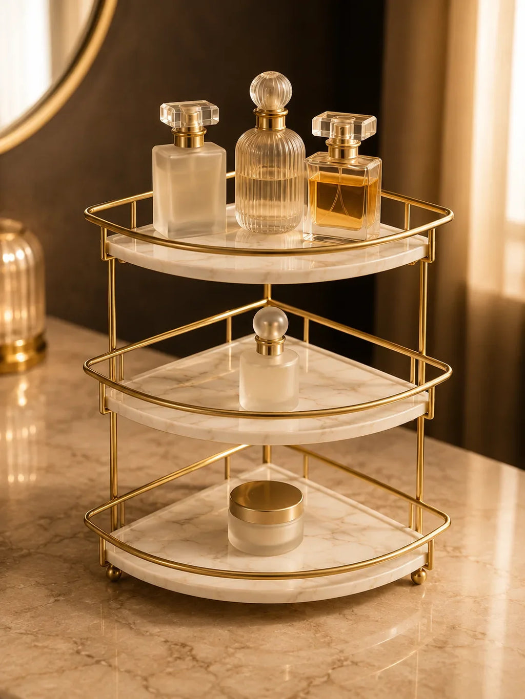 Corner organizer holding skincare in a warm bathroom corner