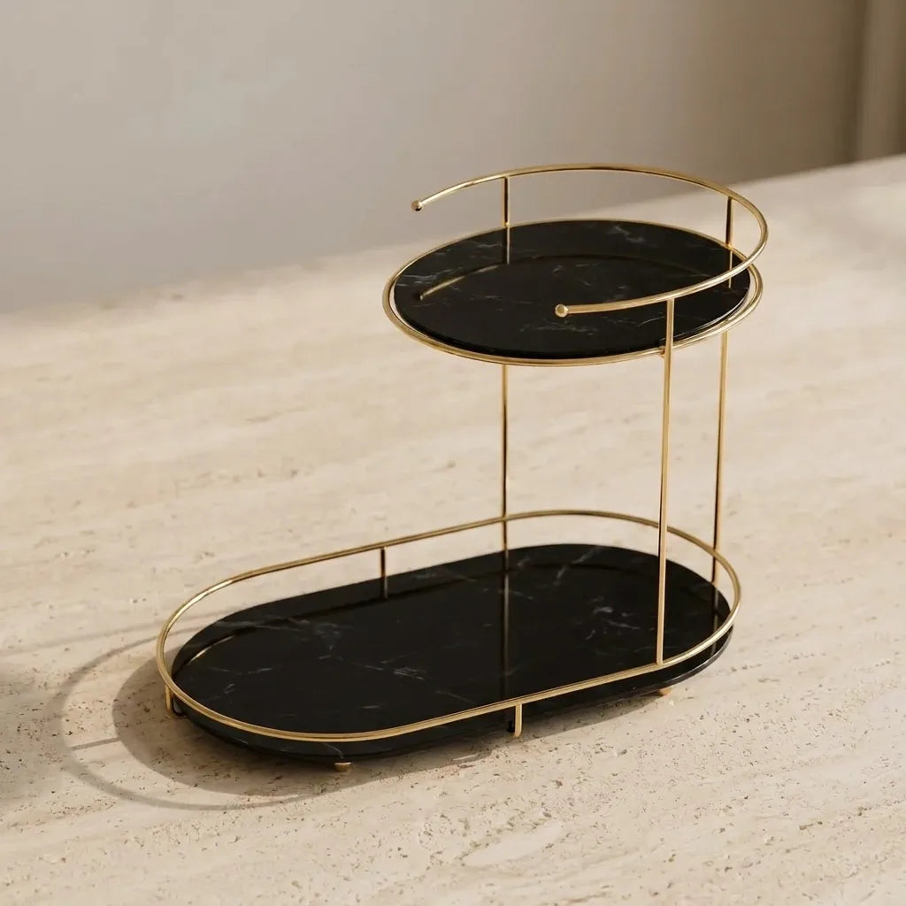 Free-standing 2-tier organizer in Onyx with black marble-effect trays