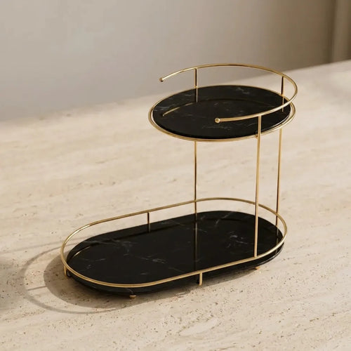 Free-standing 2-tier organizer in Onyx with black marble-effect trays