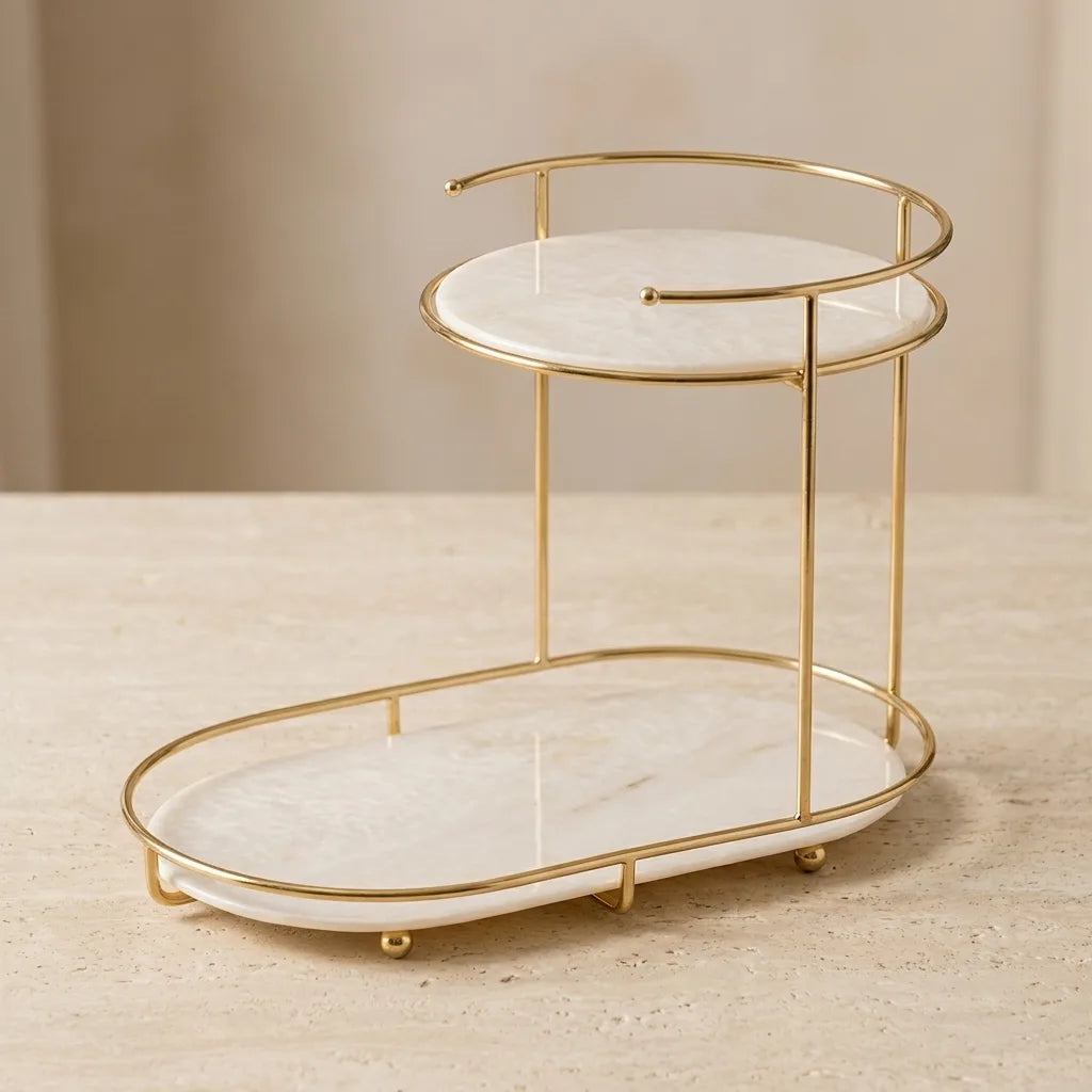 Free-standing 2-tier organizer in Pearl with gold-finish oval frame