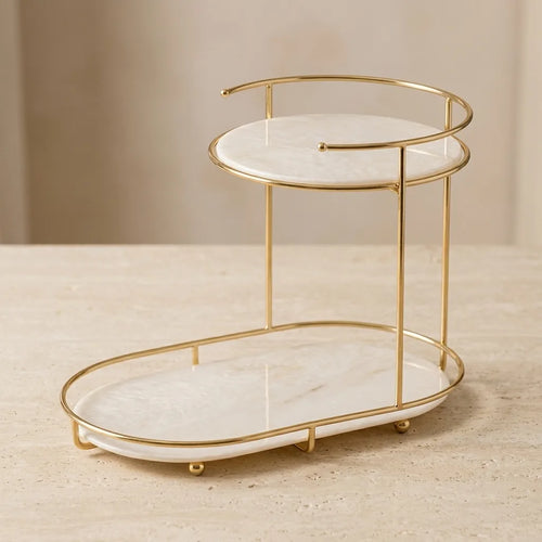 Free-standing 2-tier organizer in Pearl with gold-finish oval frame