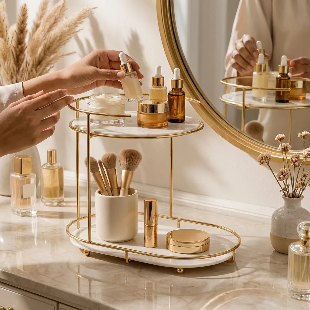 Oval organizer styled with skincare on a dressing table