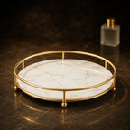 Round perfume tray in Pearl white marble-effect with gold rim