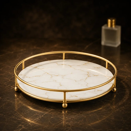 Round perfume tray in Pearl white marble-effect with gold rim