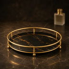 Round perfume tray in Onyx black marble-effect with gold rim