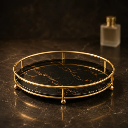 Round perfume tray in Onyx black marble-effect with gold rim