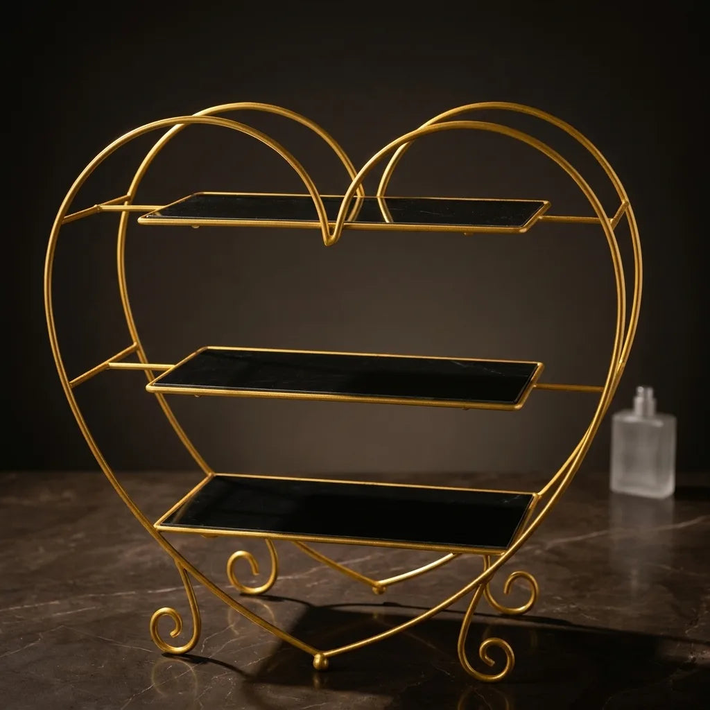 Heart 3-tier organizer in Onyx with black marble-effect trays