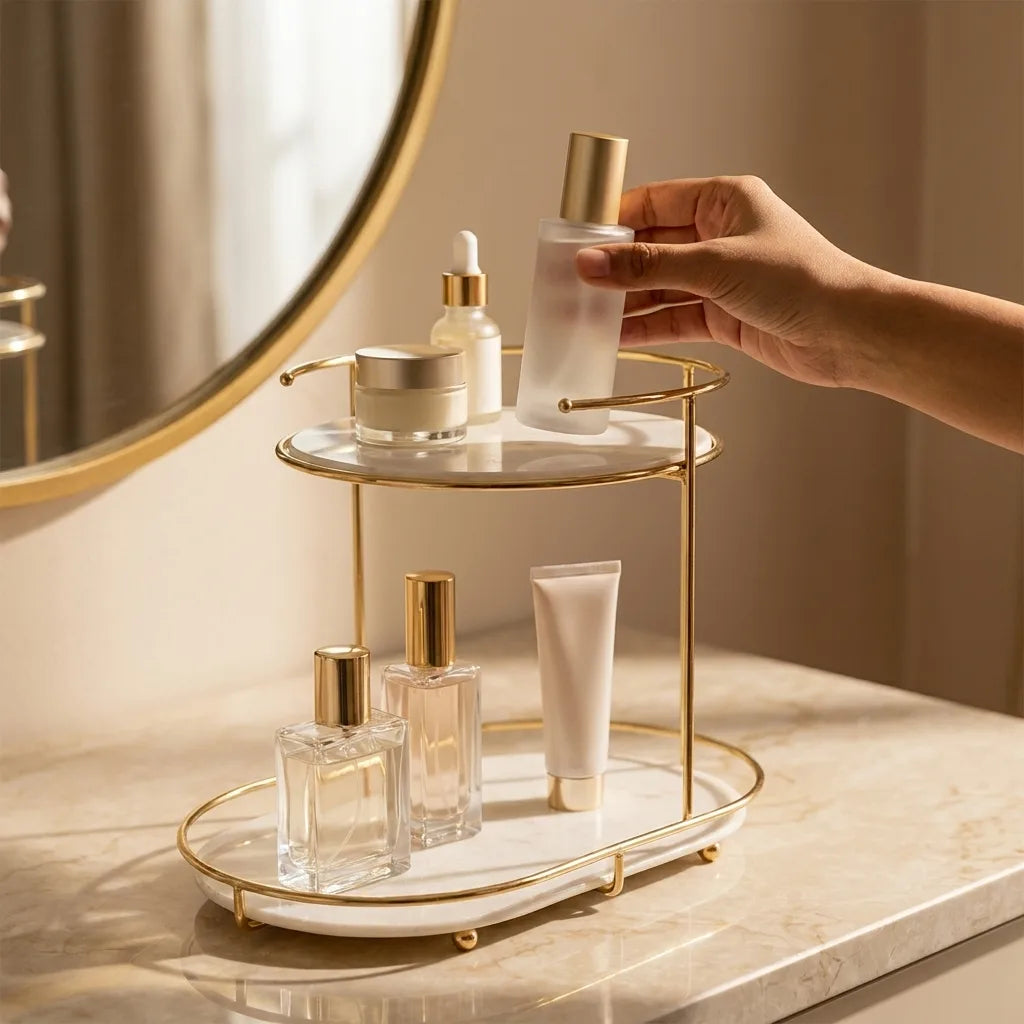 A hand placing a bottle on the heart organizer, showing its size