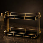 Two-tier vanity storage rack in Onyx with black marble-effect shelves