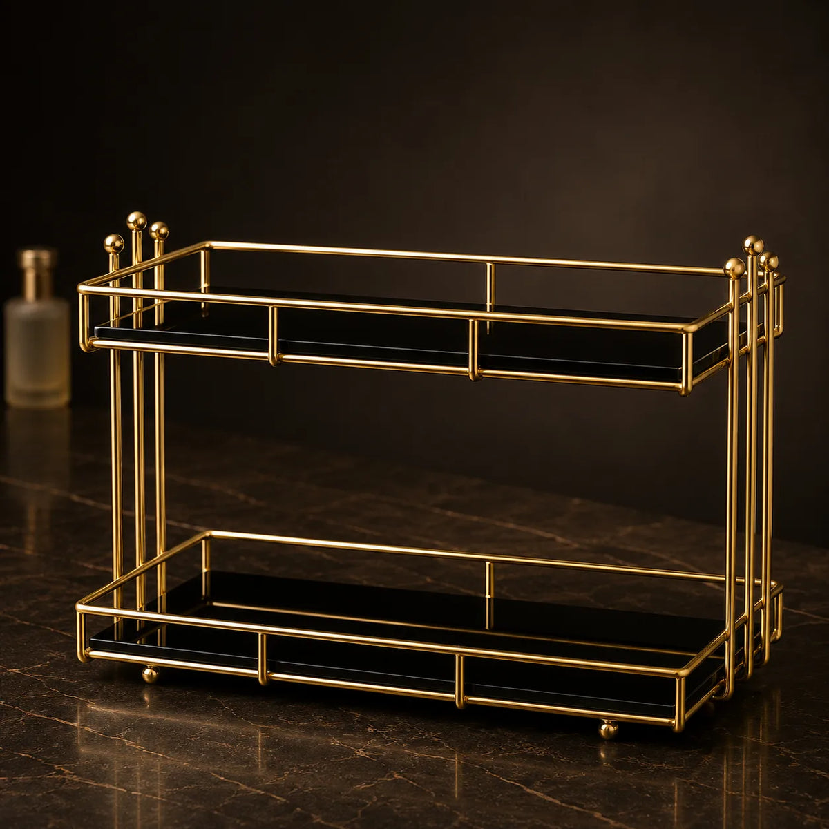 Two-tier vanity storage rack in Onyx with black marble-effect shelves