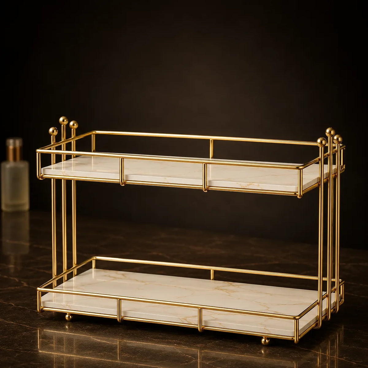 Two-tier vanity storage rack in Pearl with gold-finish frame