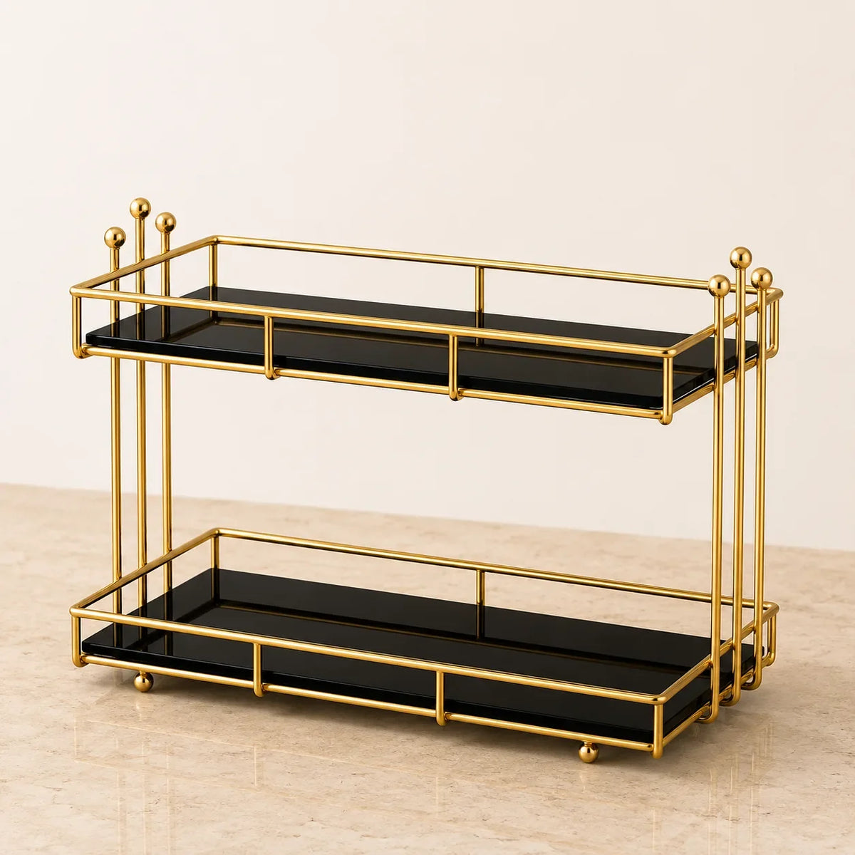 Angled view of the two-tier storage rack in Onyx