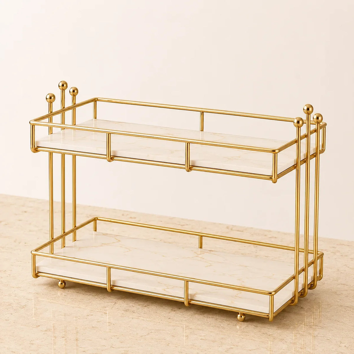 Angled view of the two-tier storage rack in Pearl