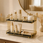 Storage rack in Onyx holding skincare on a vanity