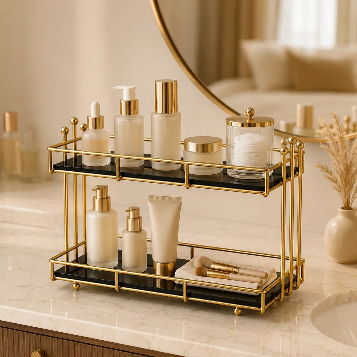 Storage rack in Onyx holding skincare on a vanity