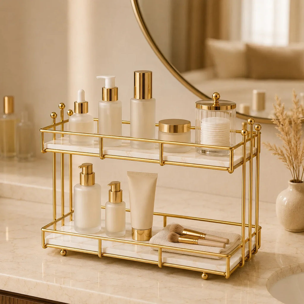Storage rack in Pearl holding skincare on a bright vanity