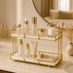 Storage rack in Pearl holding skincare on a bright vanity