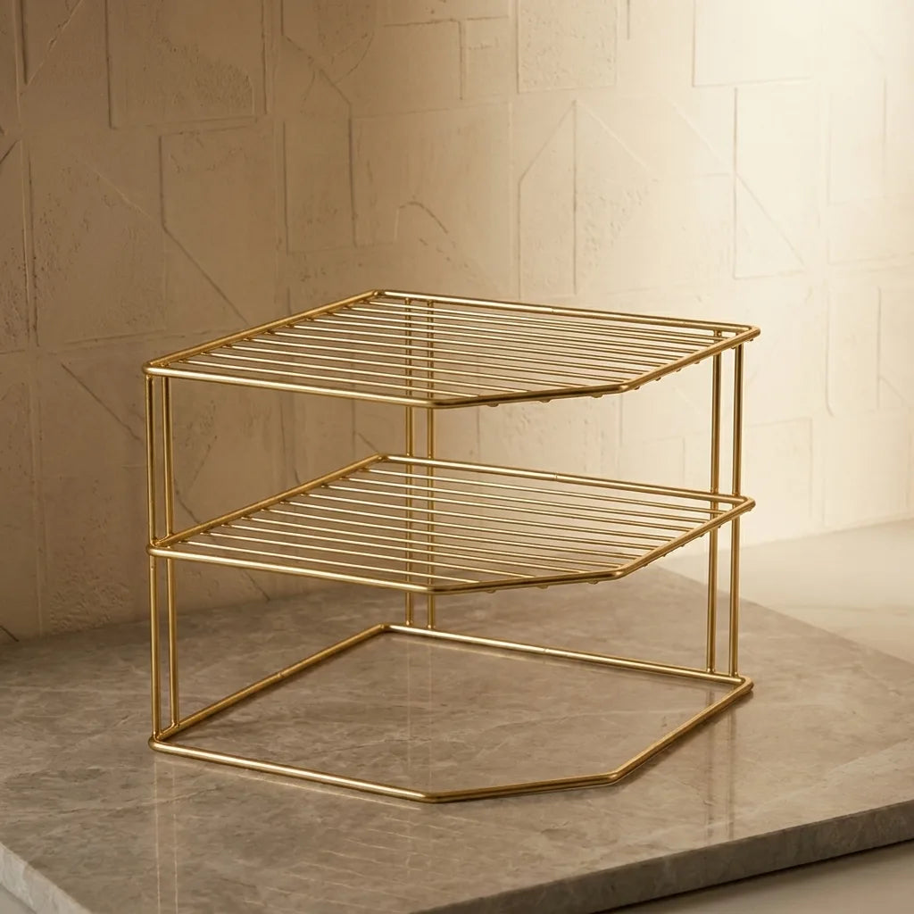 Three-tier corner kitchen rack in Gold, empty on a marble counter