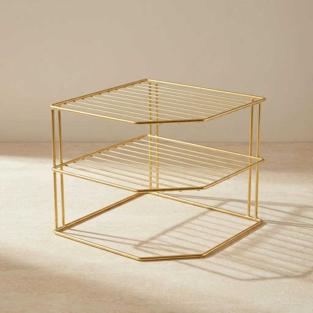Angled catalogue view of the gold corner rack showing all three shelves