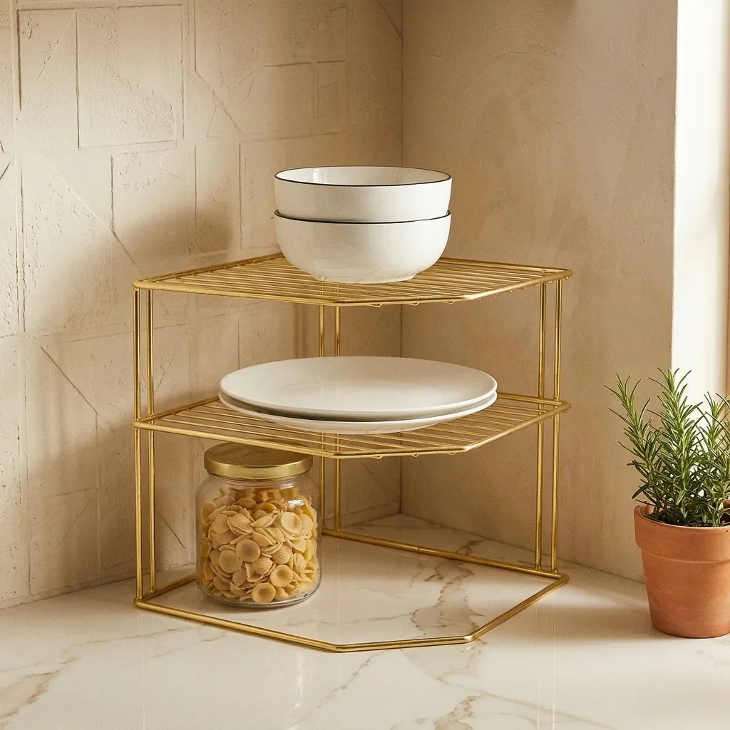 Gold corner rack holding plates, bowls and a pasta jar in a kitchen corner