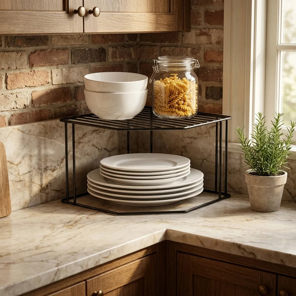 Black corner rack stacked with white dishes in a warm kitchen