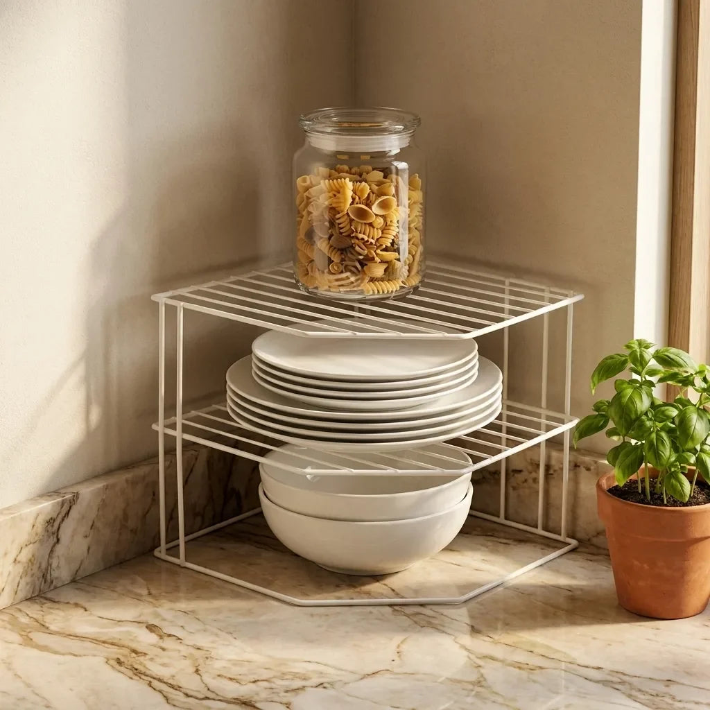 White corner rack holding bowls and a storage jar on a bright counter