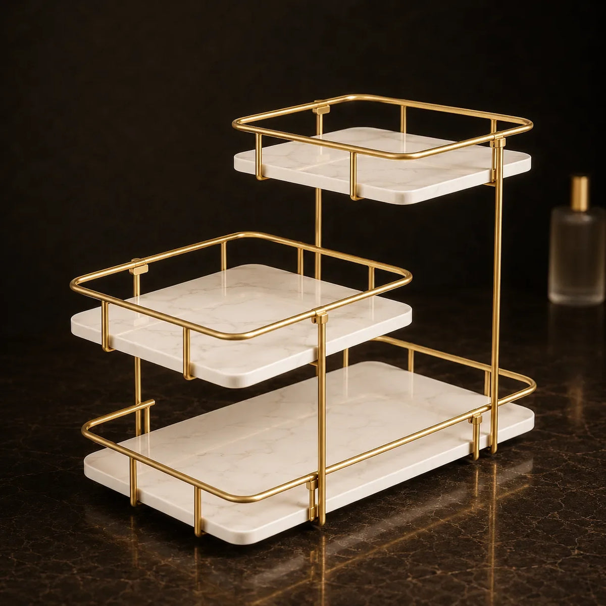 Modern stepped three-tier vanity organizer in Pearl with a gold-finish frame