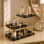 Modern stepped three-tier organizer in Onyx in use, showing its true size on a counter