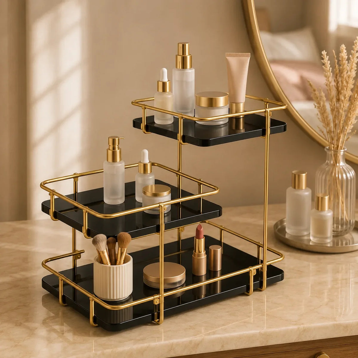 Modern stepped three-tier organizer in Onyx in use, showing its true size on a counter