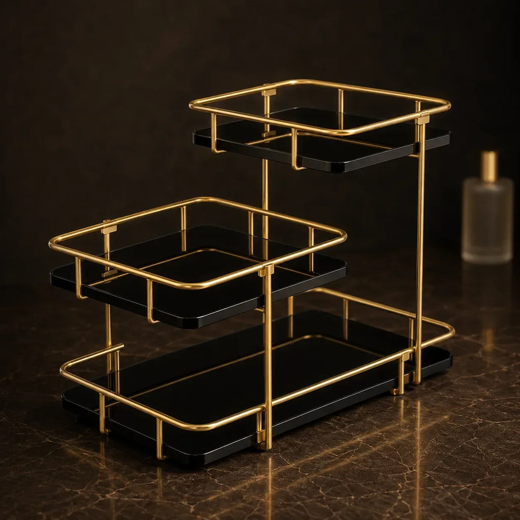 Modern stepped three-tier organizer in Onyx with a gold-finish frame