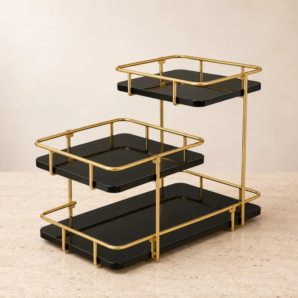Angled view of the modern stepped three-tier organizer in Onyx
