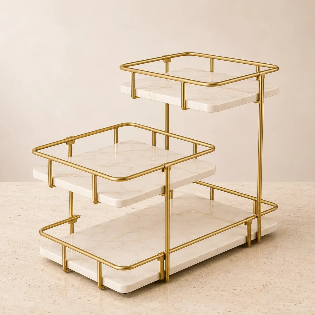 Angled view of the modern stepped three-tier organizer in Pearl