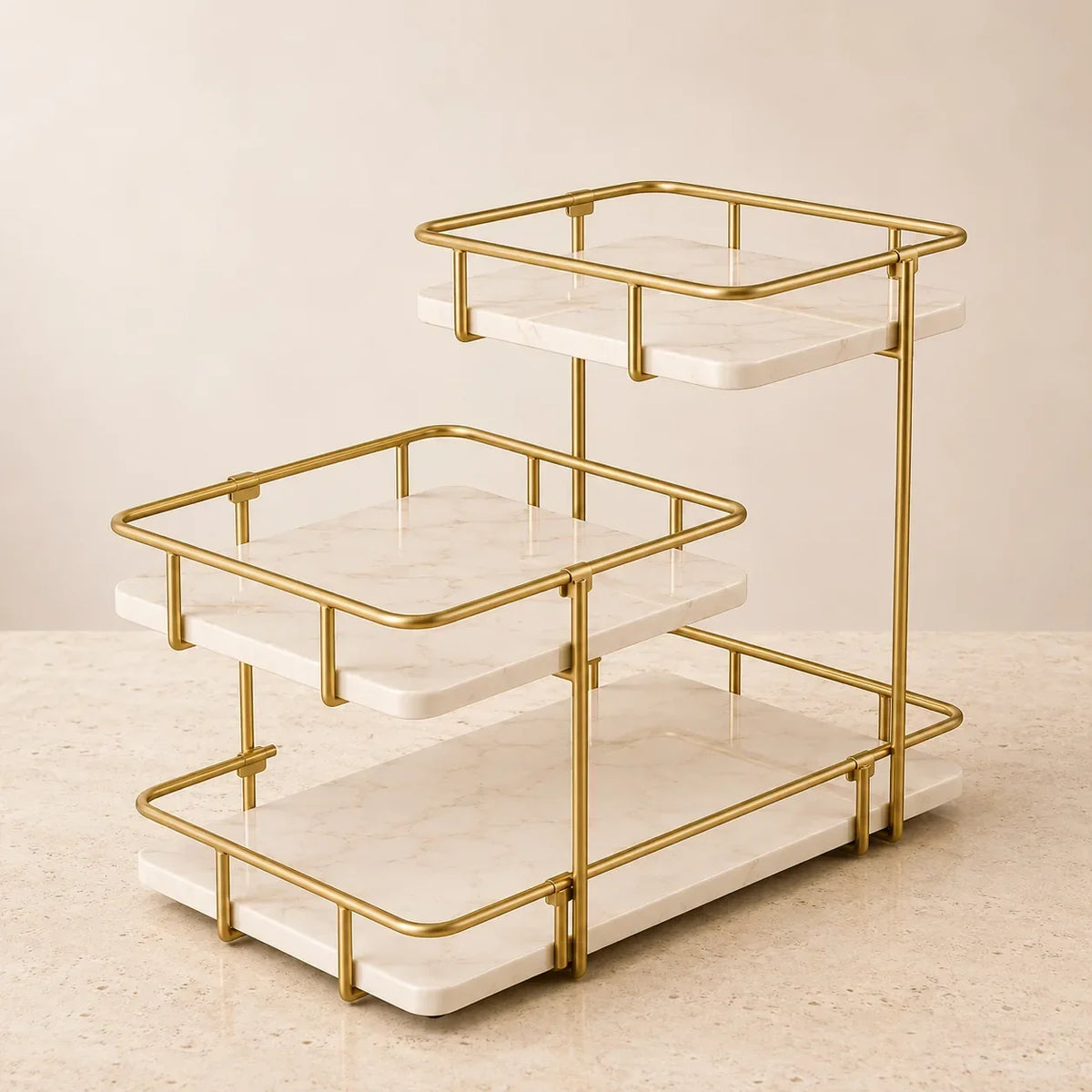 Angled view of the modern stepped three-tier organizer in Pearl