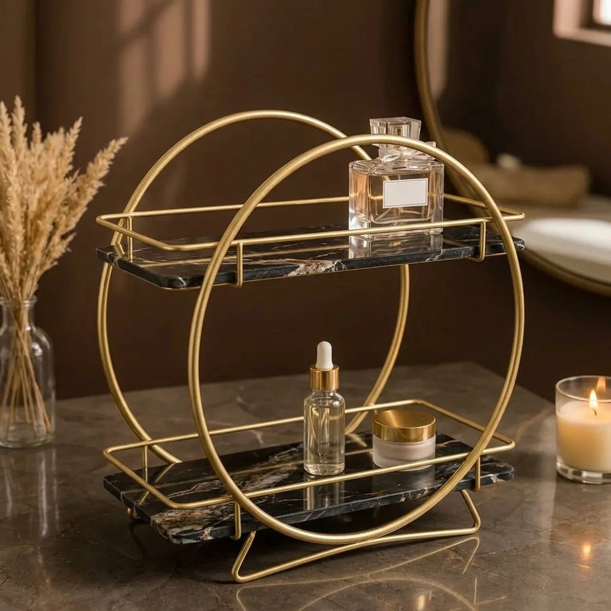 Round two-tier organizer in Onyx holding perfume and skincare on a dark counter